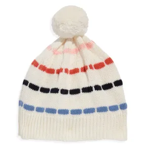 Striped Knit Pom Pom Hat -- Ivory w/ Multicolor Stripes