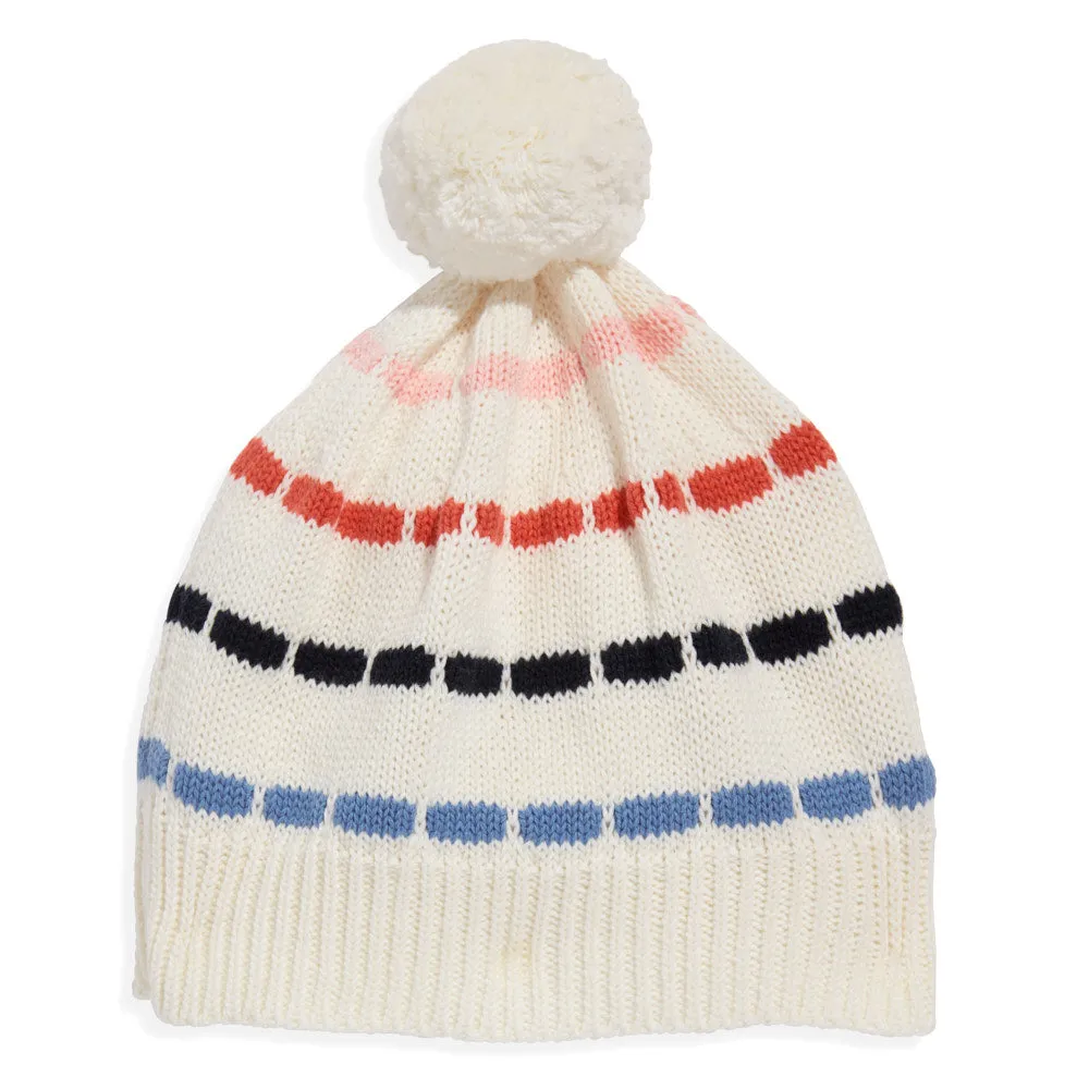 Striped Knit Pom Pom Hat -- Ivory w/ Multicolor Stripes