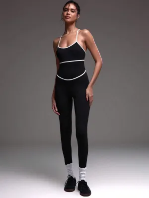 Stylish Contrast Piping Strappy Sports Jumpsuit– Sleek & Supportive Activewear