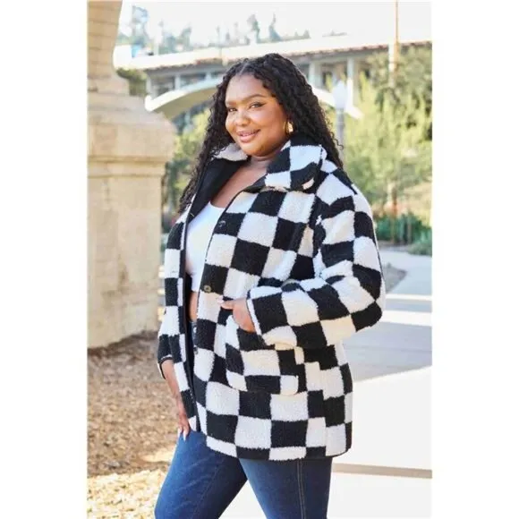 Stylish Double Take Checkered Button Front Coat