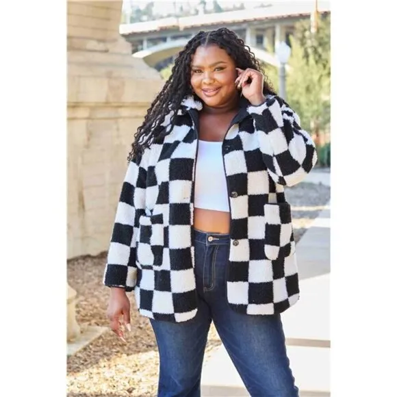 Stylish Double Take Checkered Button Front Coat