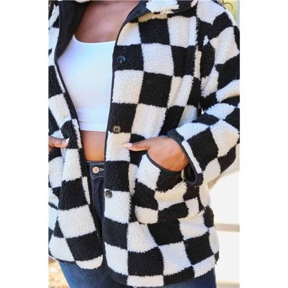 Stylish Double Take Checkered Button Front Coat