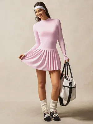 Stylish Stand Collar Pleated Hem Dress – Sporty & Chic Look
