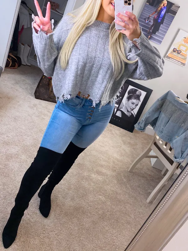 Sweater Weather Fringe Bottom Sweater, Heather Grey