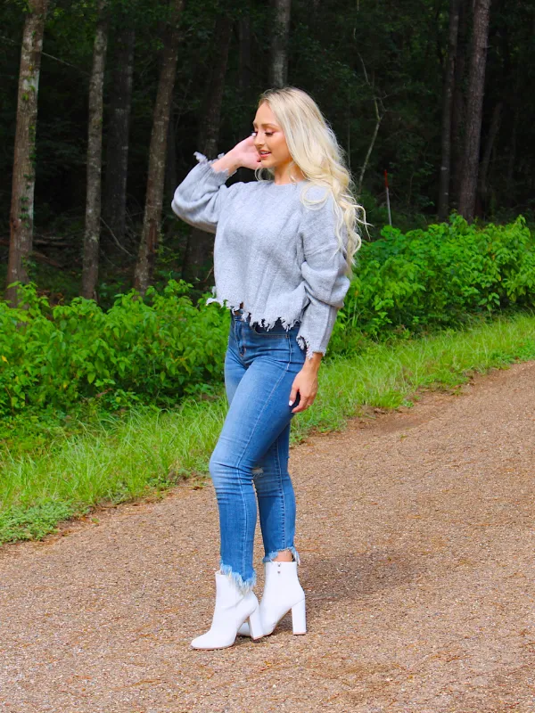 Sweater Weather Fringe Bottom Sweater, Heather Grey