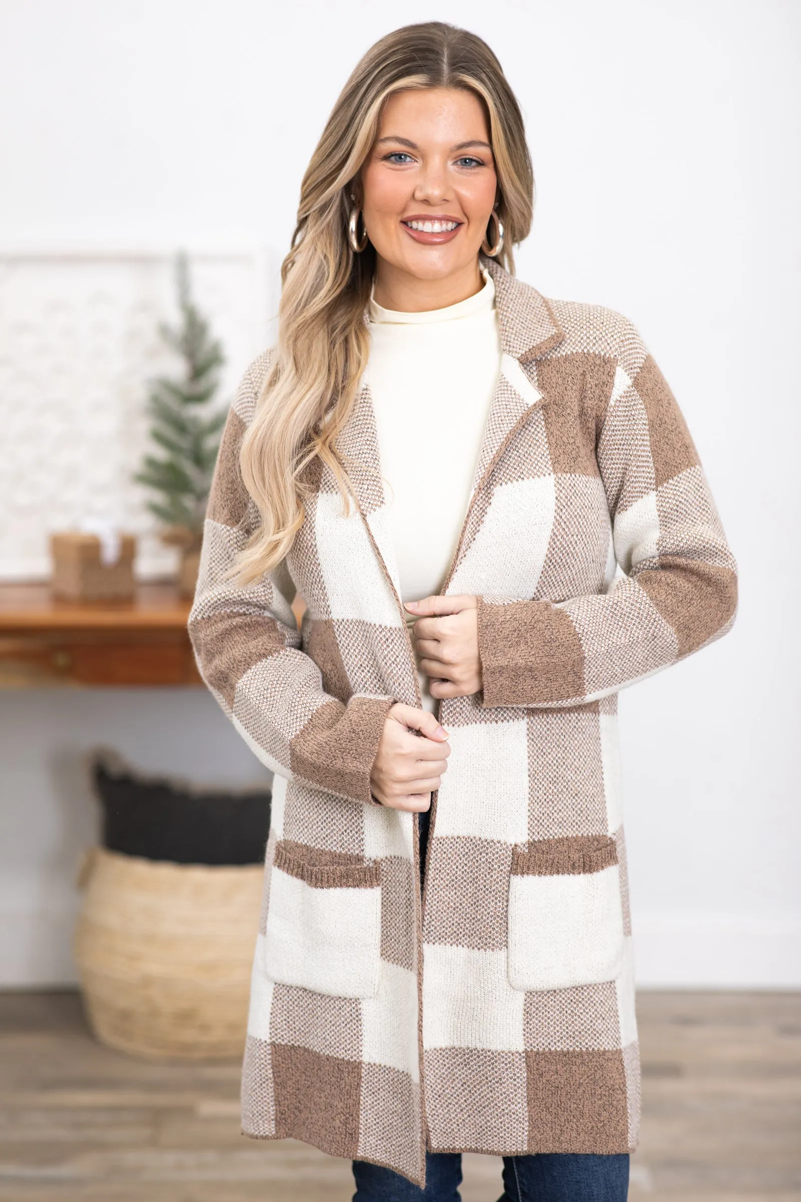 Tan and Ivory Buffalo Plaid Long Cardigan