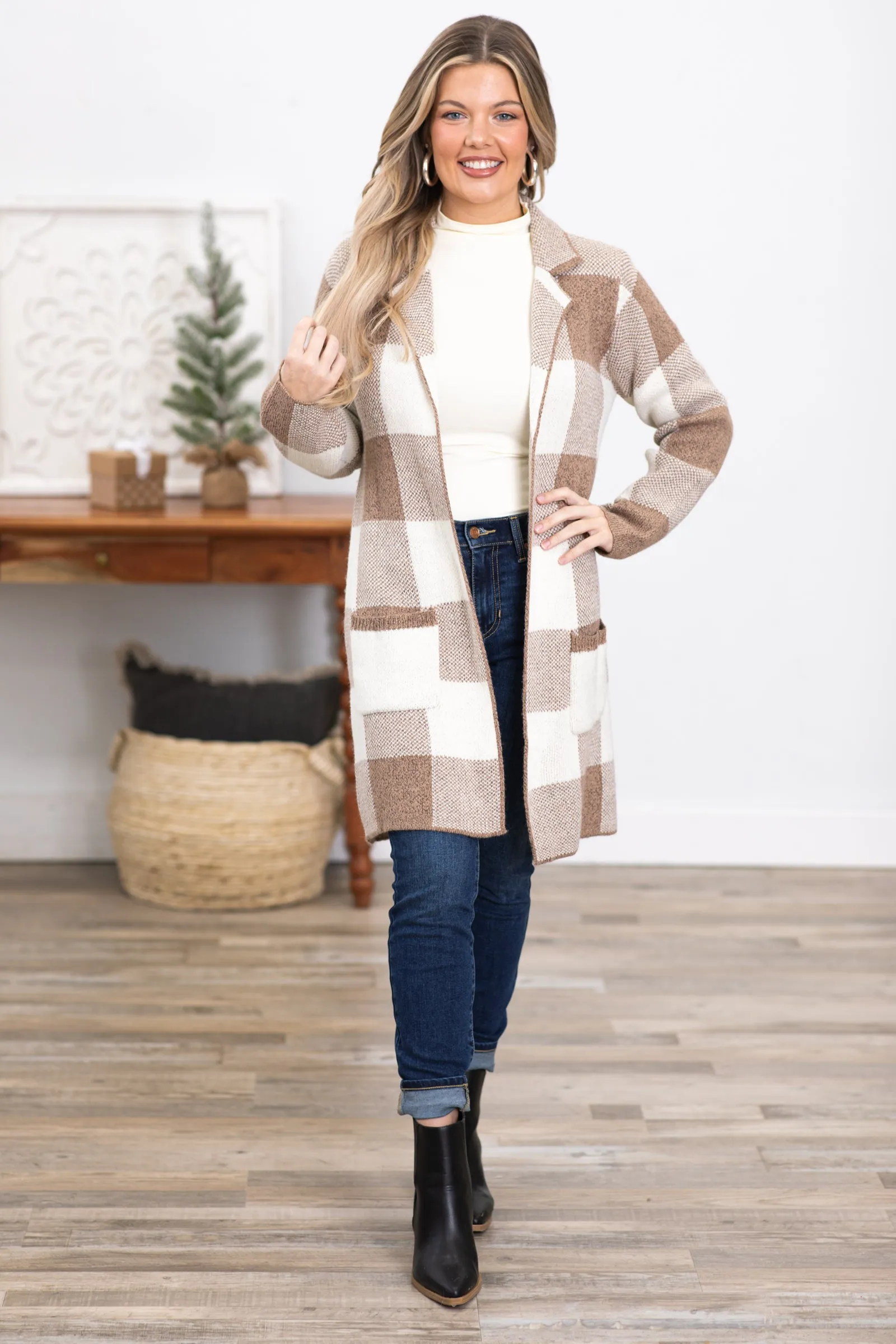 Tan and Ivory Buffalo Plaid Long Cardigan