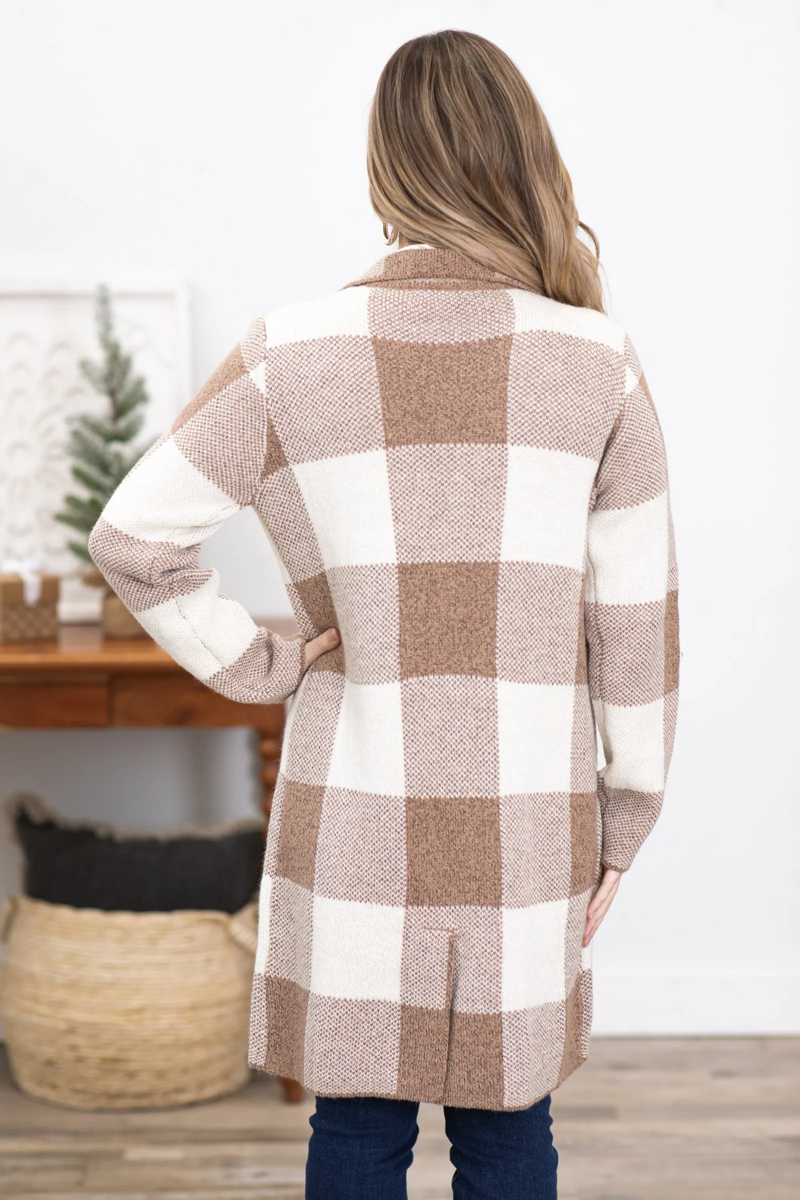 Tan and Ivory Buffalo Plaid Long Cardigan