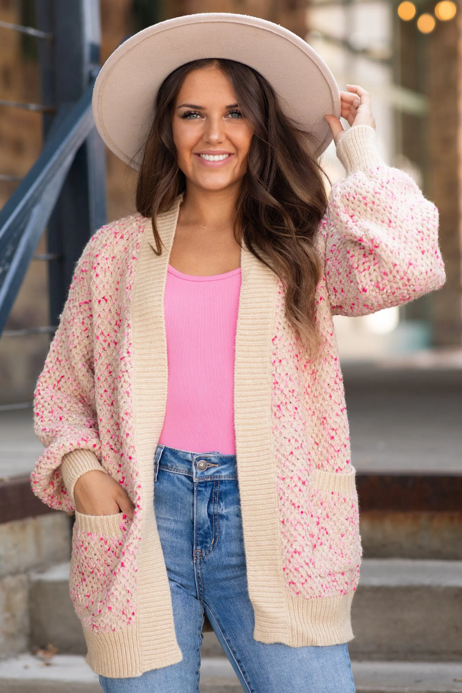 Tan and Pink Marled Cardigan