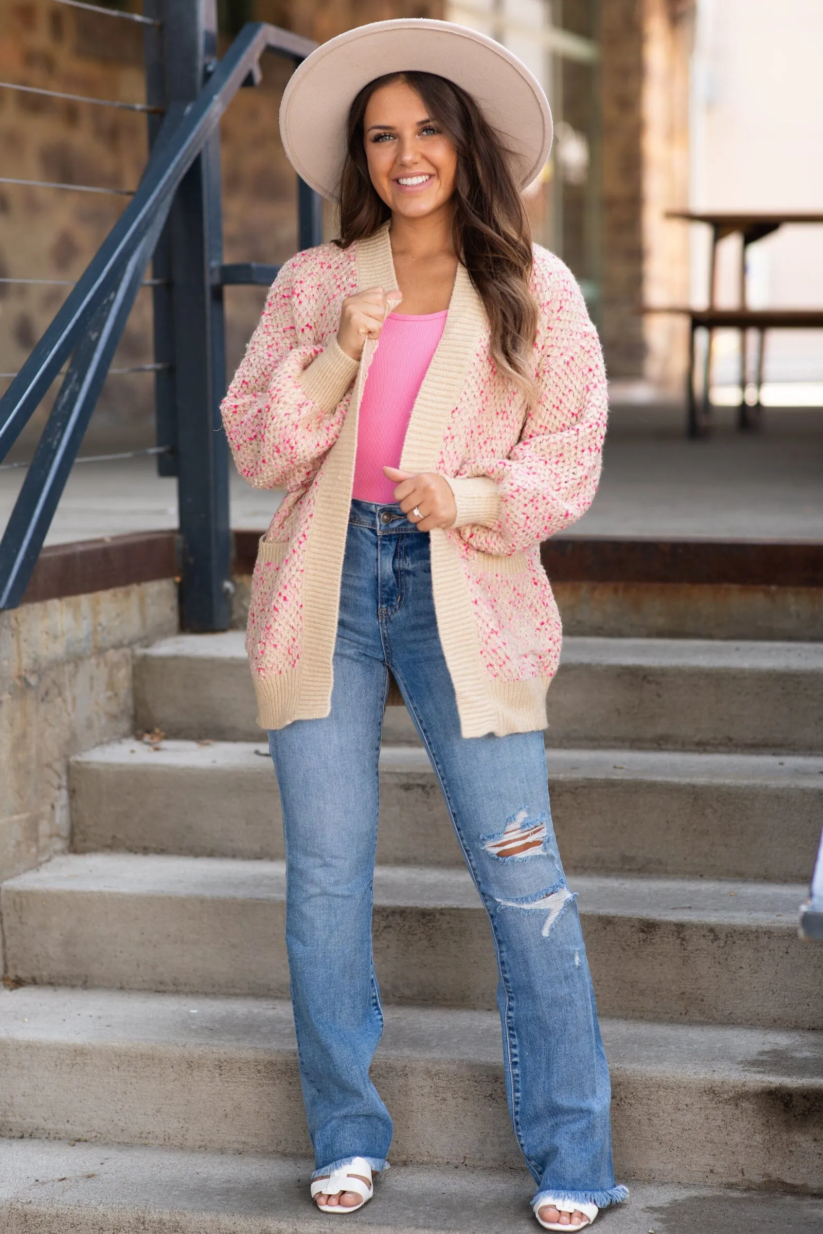 Tan and Pink Marled Cardigan