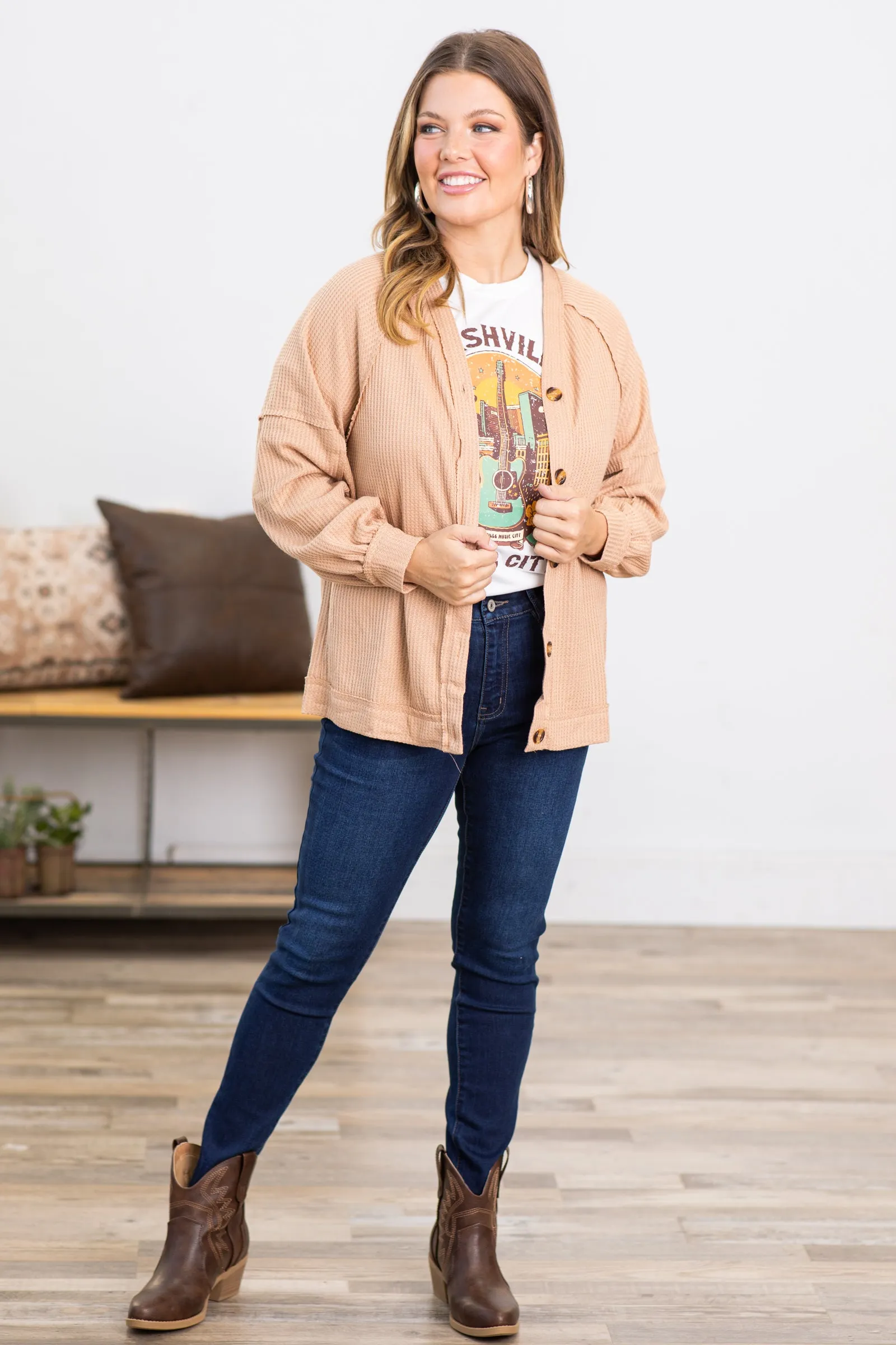 Tan Drop Shoulder Cardigan With Buttons