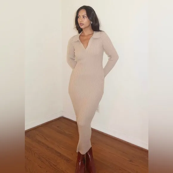 Tan Ribbed Knit Long Sleeve Midi Dress