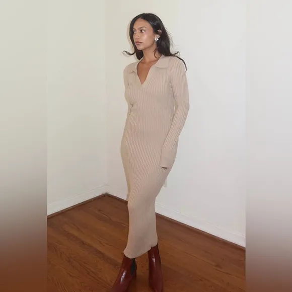 Tan Ribbed Knit Long Sleeve Midi Dress