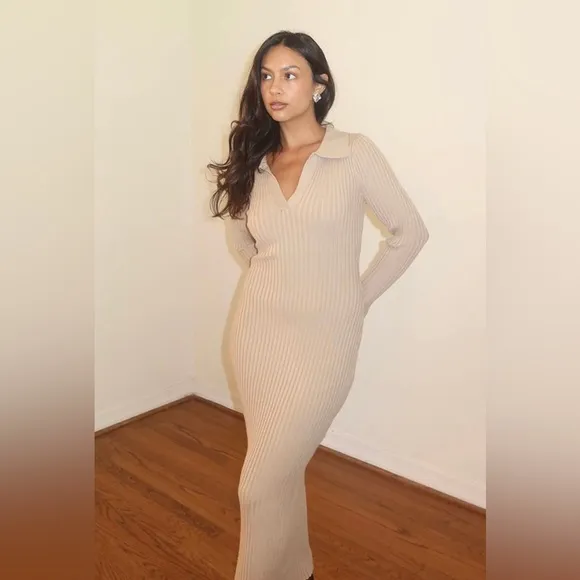 Tan Ribbed Knit Long Sleeve Midi Dress