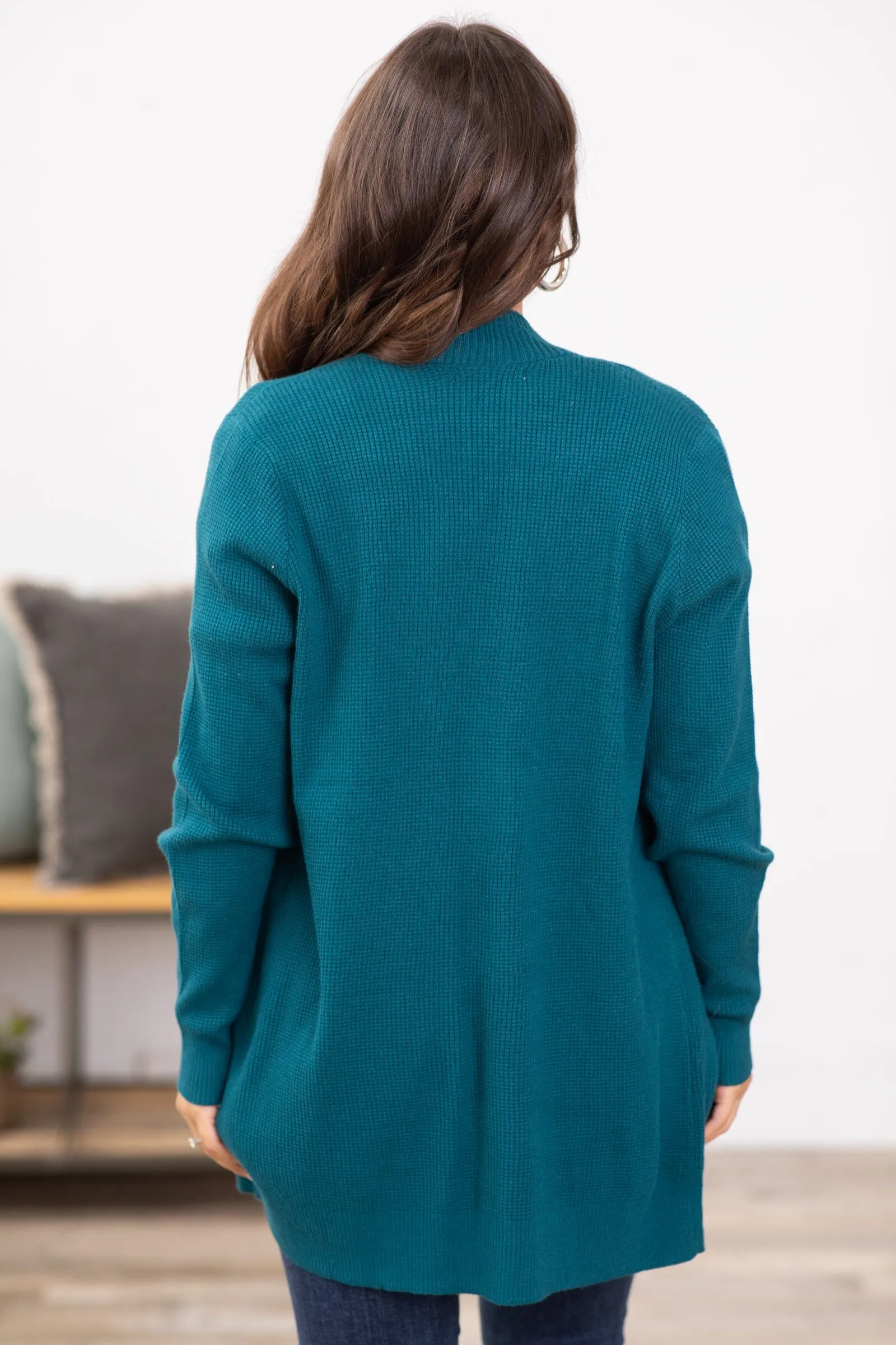 Teal Ribbed Trim Cardigan With Pockets