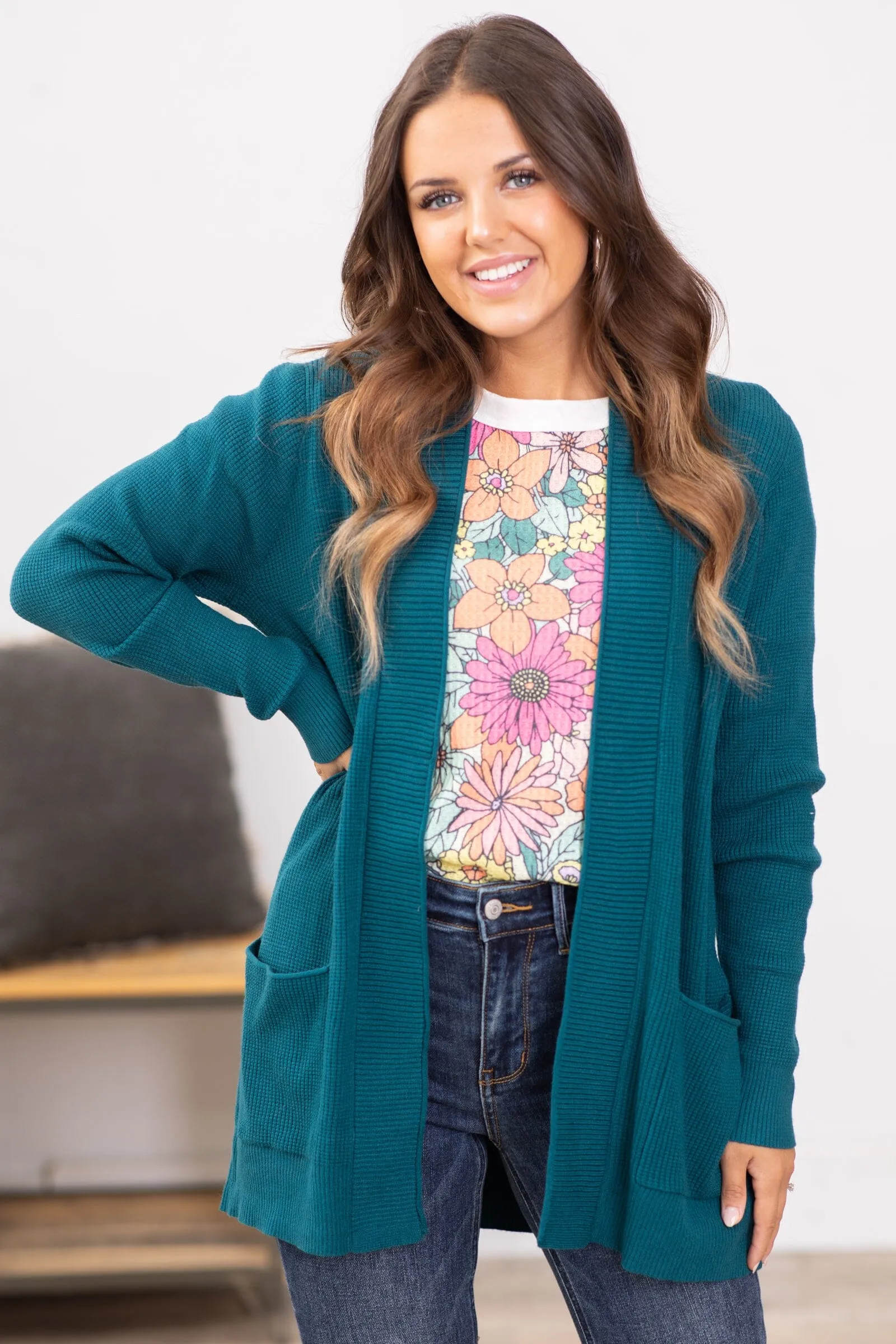 Teal Ribbed Trim Cardigan With Pockets