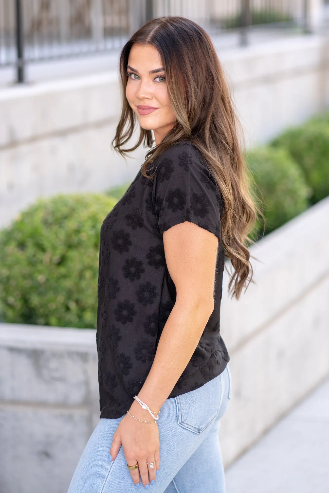 Textured Floral Pattern Short Sleeve T-Shirt