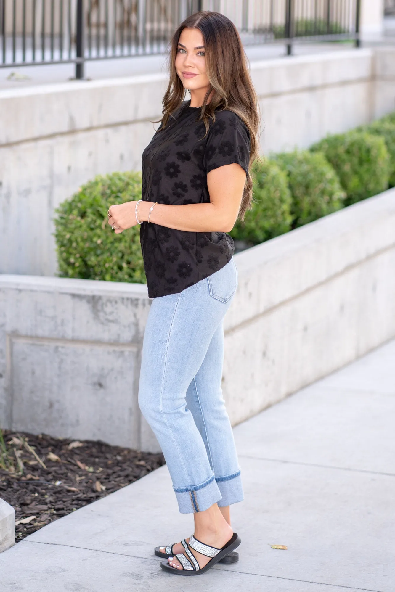 Textured Floral Pattern Short Sleeve T-Shirt