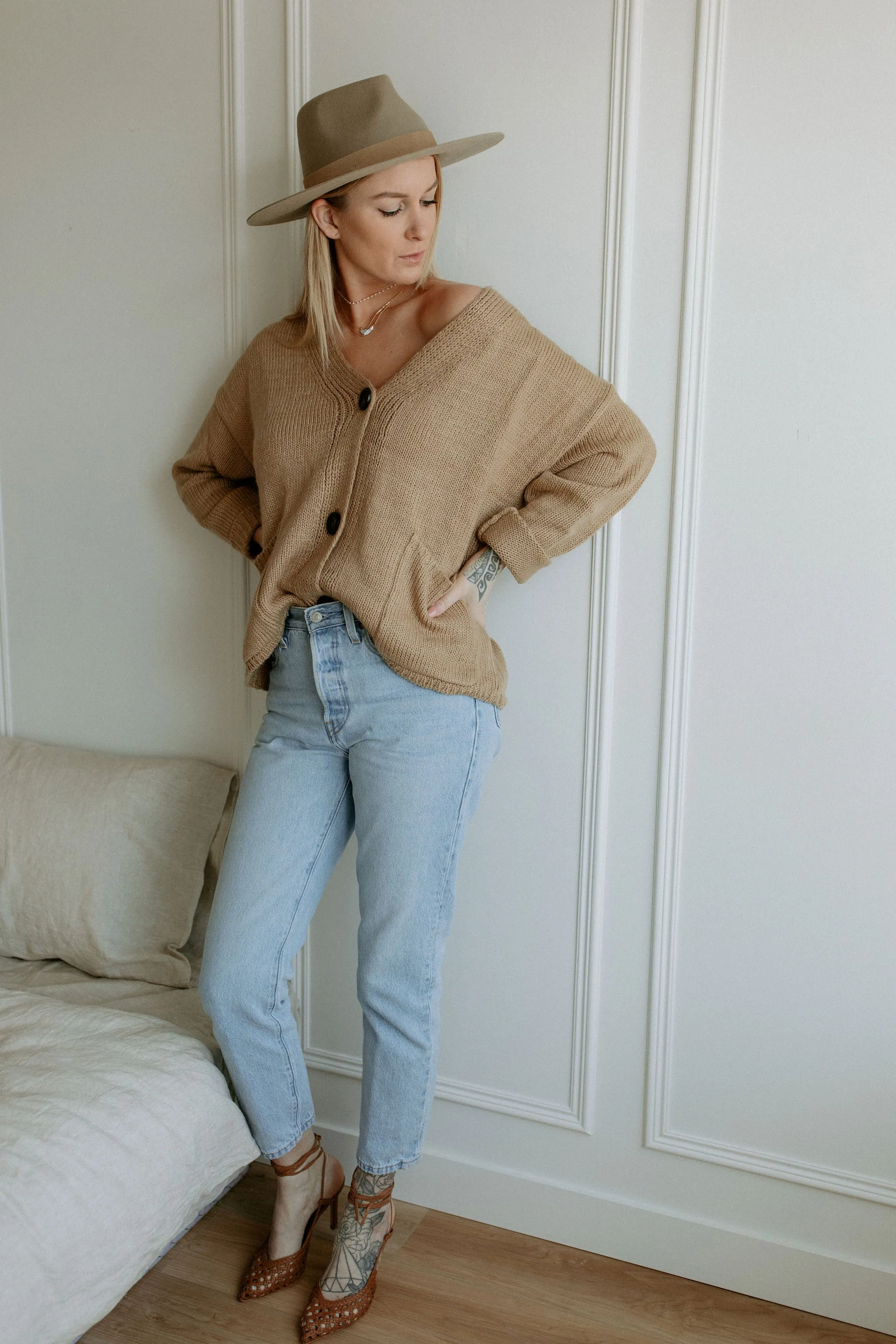 The Ashley Button Cardigan - Latte