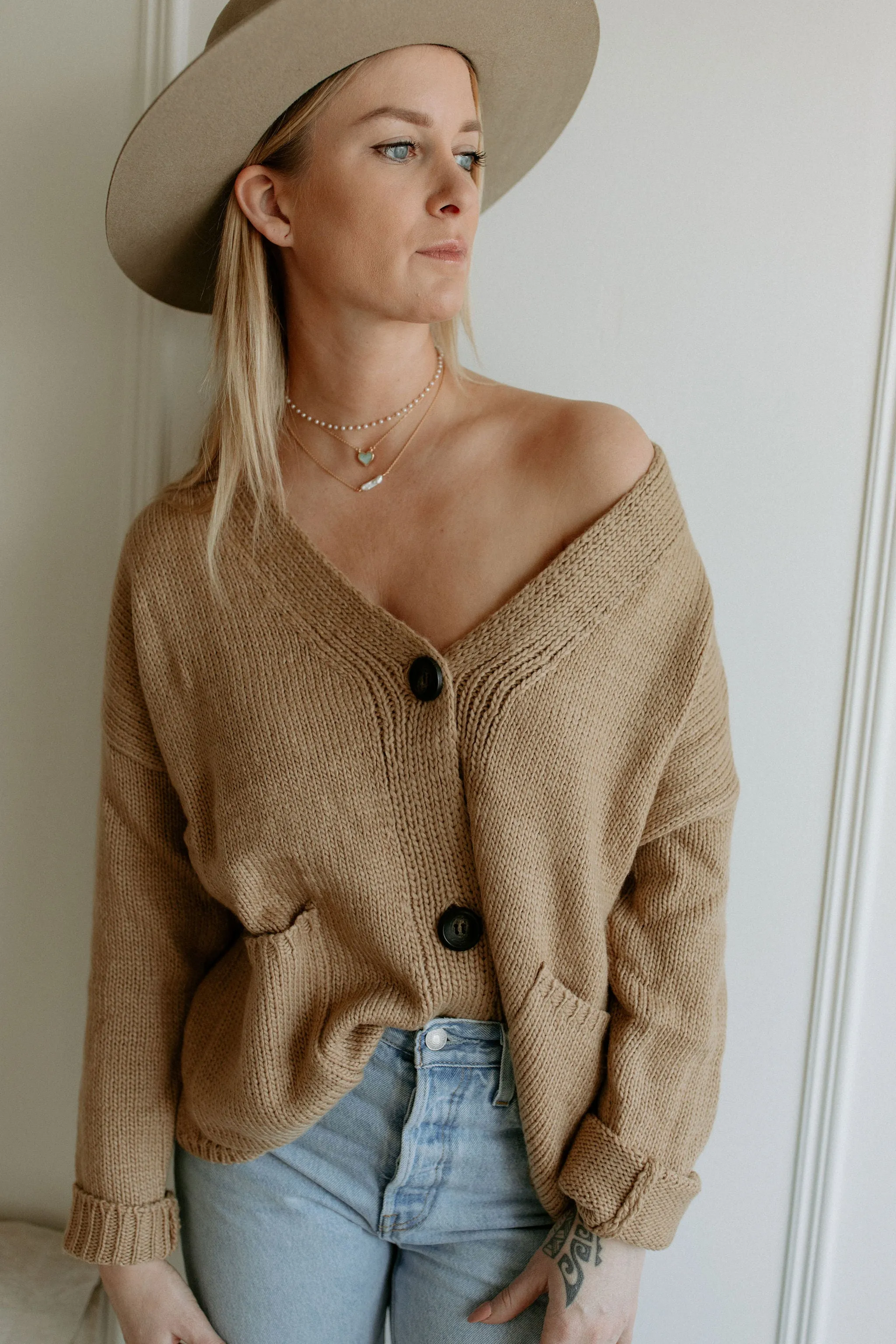 The Ashley Button Cardigan - Latte