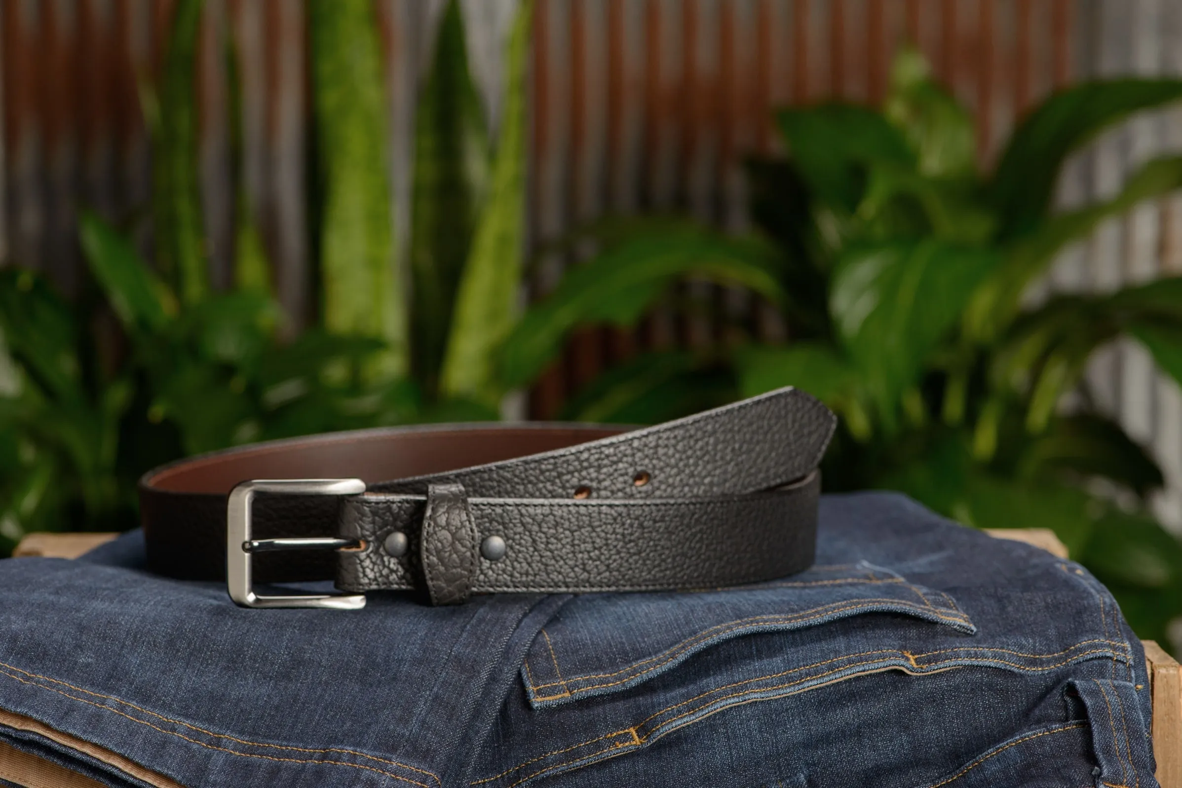 The Forester: Men's Black Stitched American Bison Leather Belt 1.50"