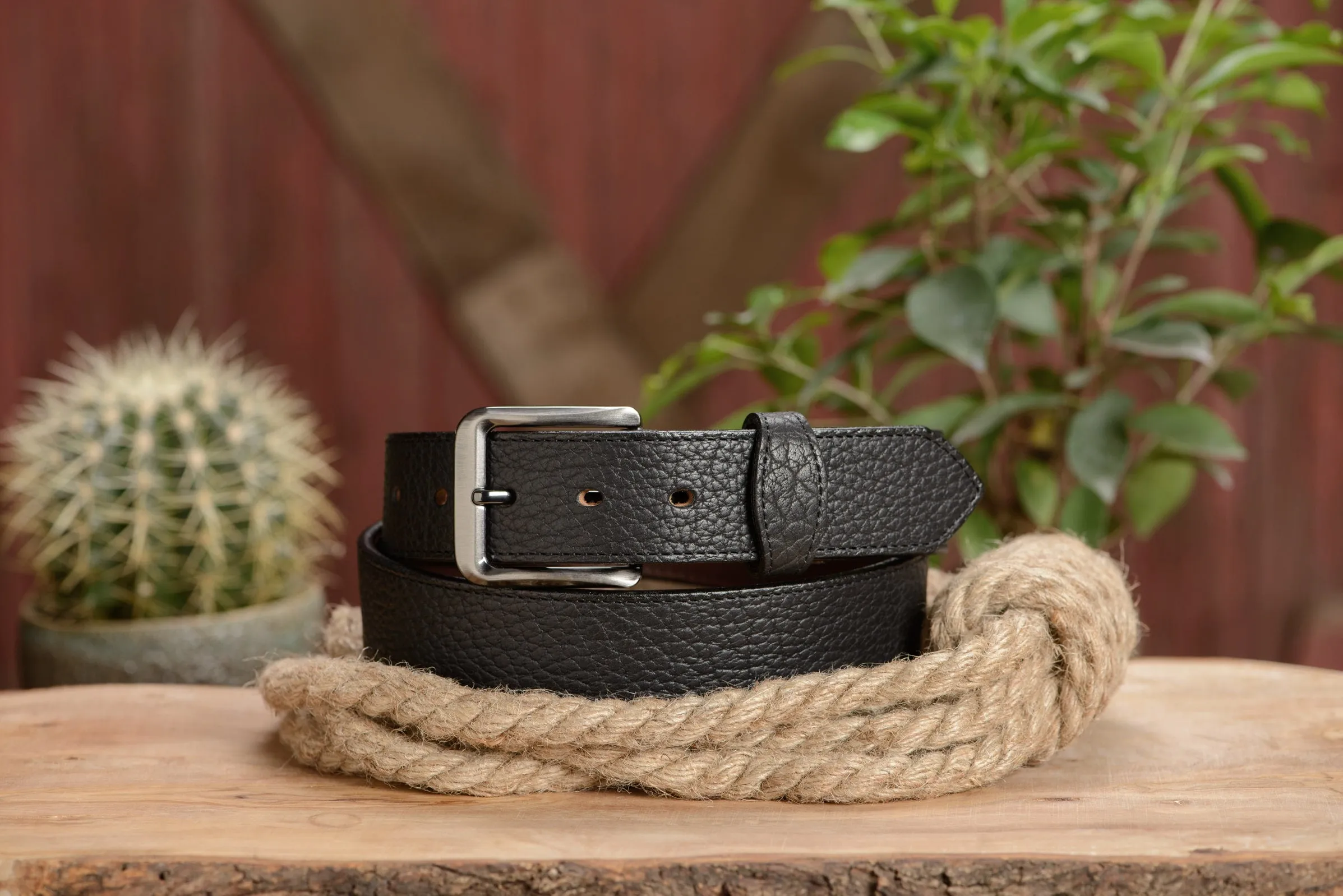 The Forester: Men's Black Stitched American Bison Leather Belt 1.50"