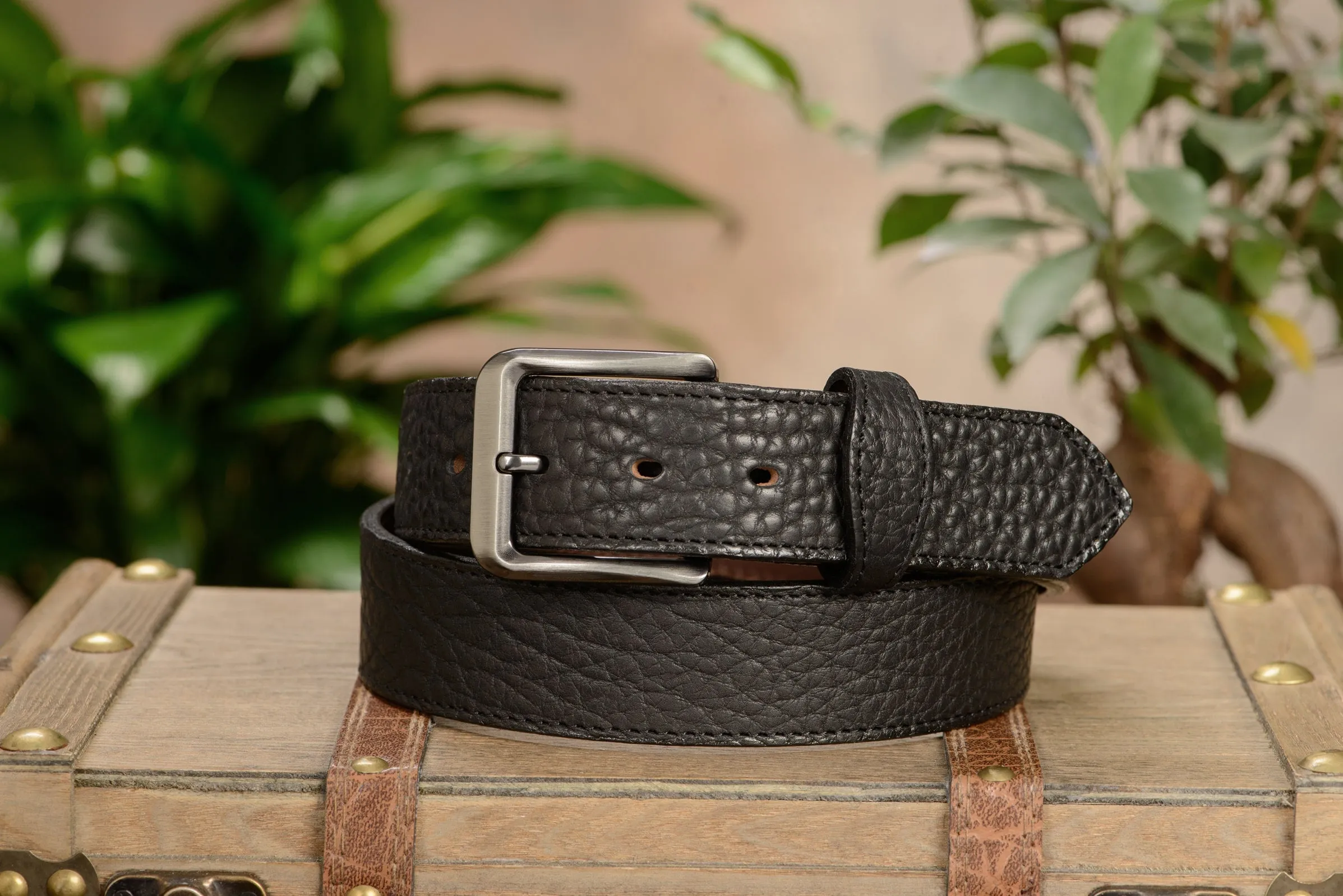 The Forester: Men's Black Stitched American Bison Leather Belt 1.50"
