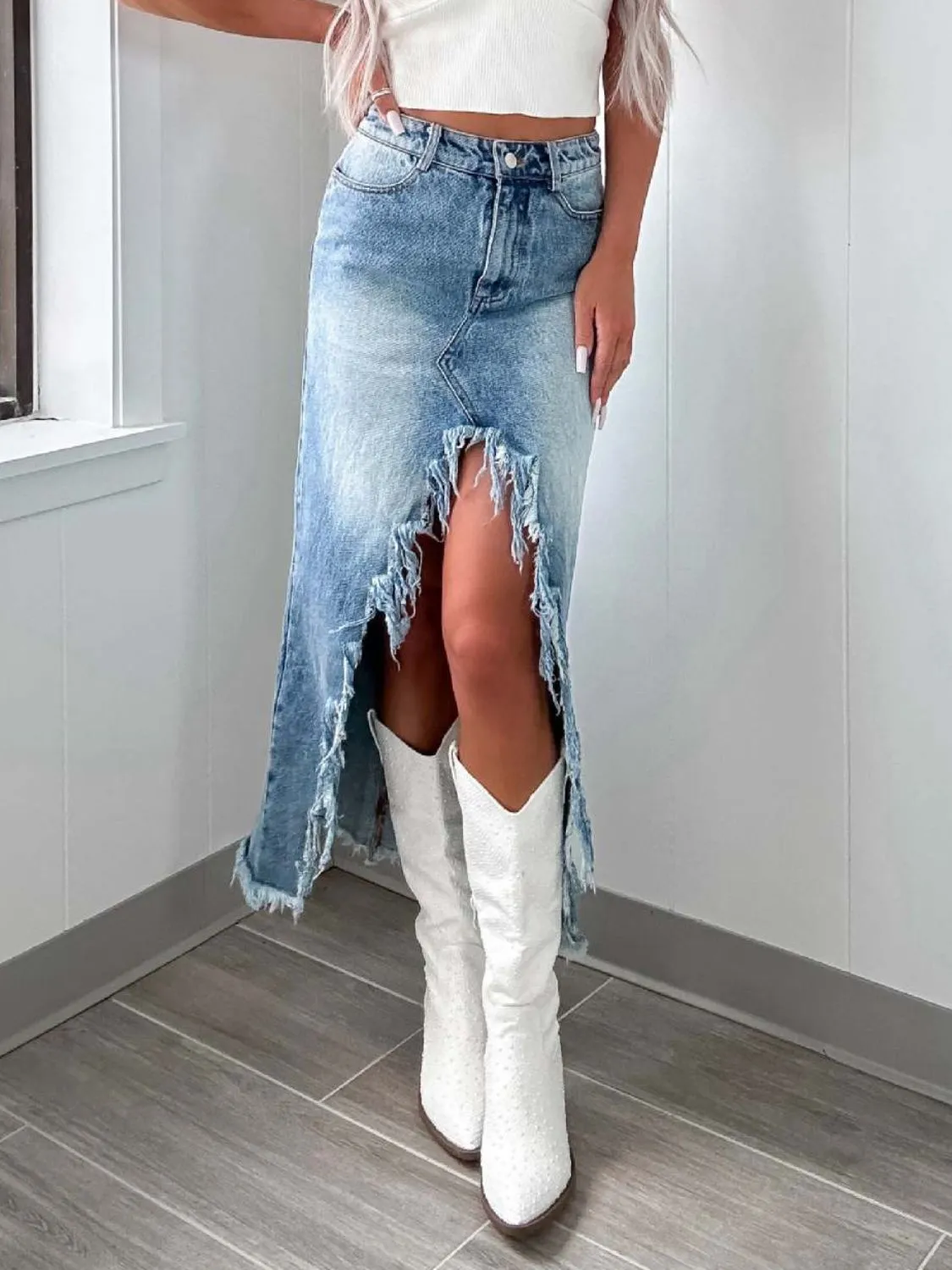 The Rebel Curve Skirt – High-Waist Asymmetric Raw Hem Denim