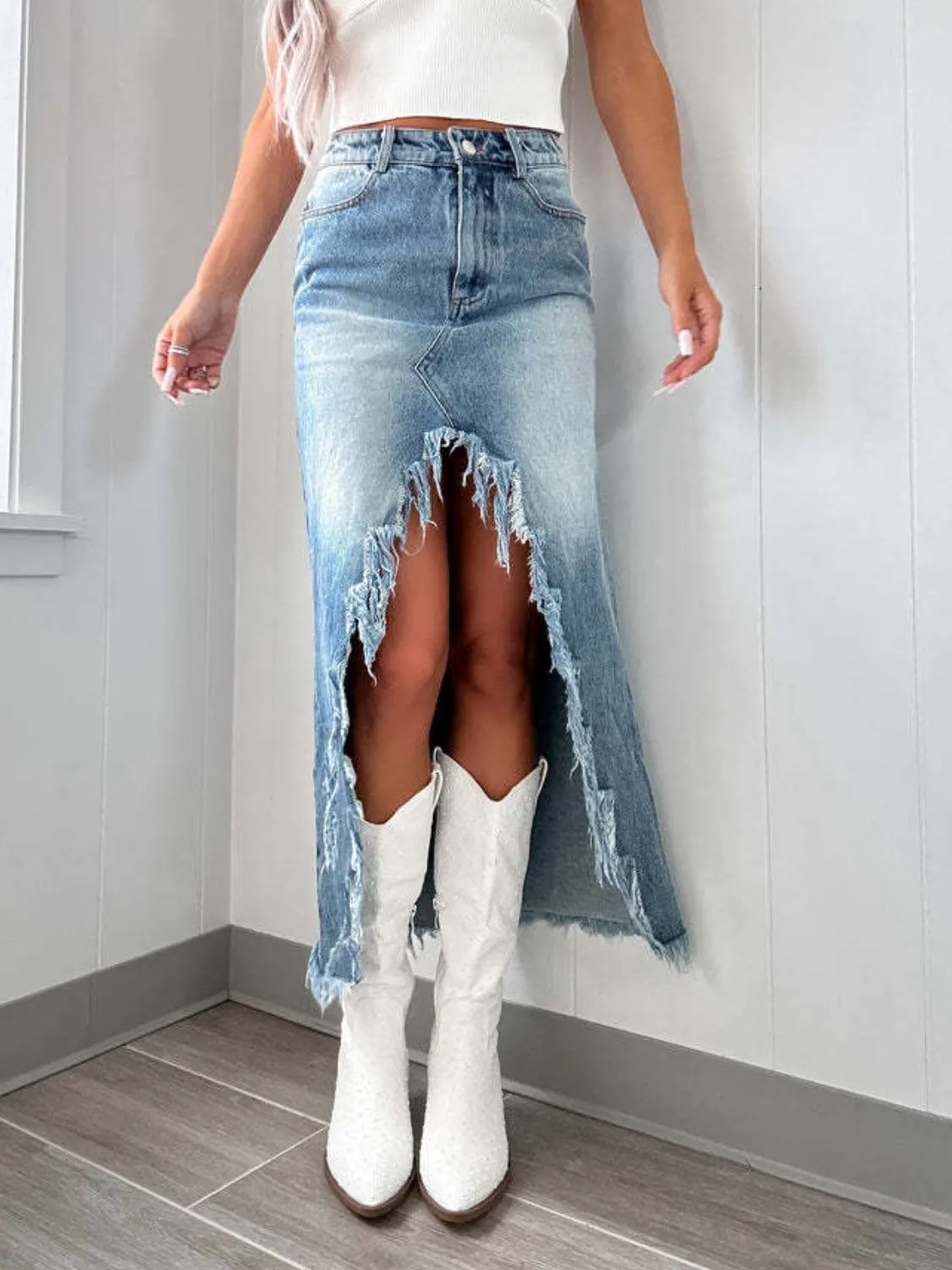 The Rebel Curve Skirt – High-Waist Asymmetric Raw Hem Denim