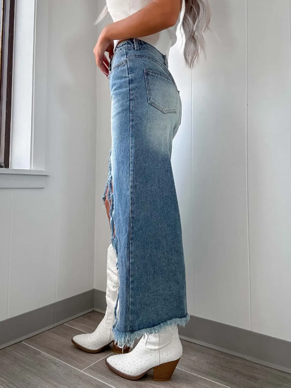 The Rebel Curve Skirt – High-Waist Asymmetric Raw Hem Denim