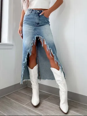 The Rebel Curve Skirt – High-Waist Asymmetric Raw Hem Denim