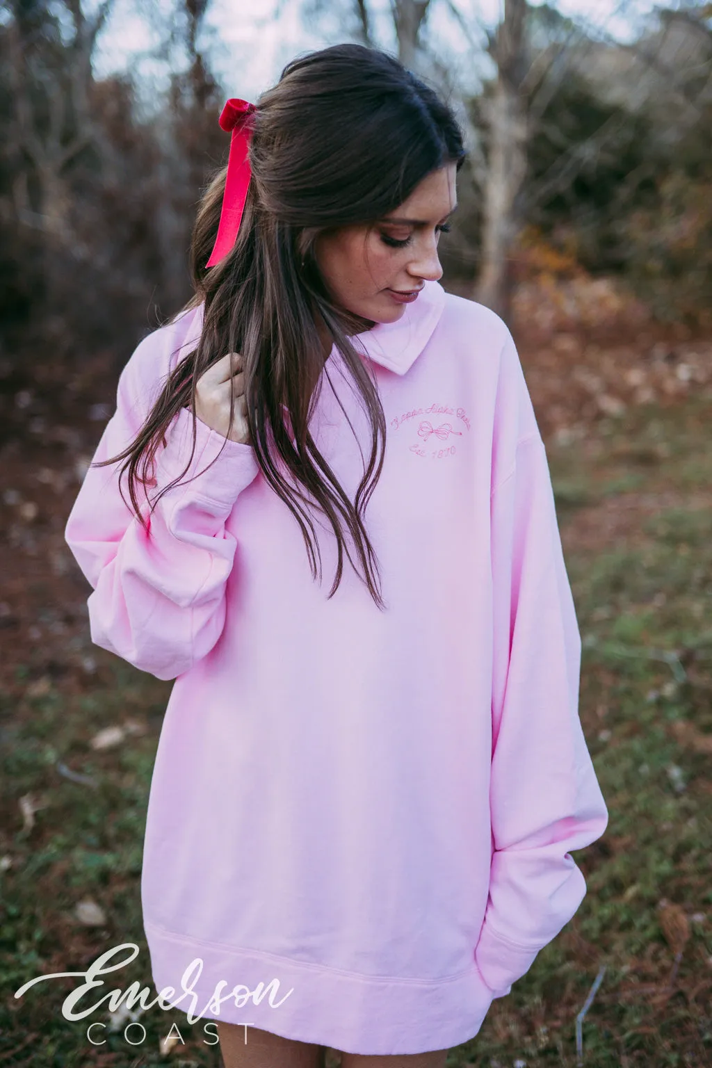 Theta Pink Bow Oversized Collared Crew