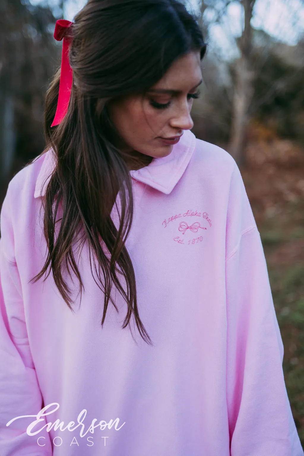 Theta Pink Bow Oversized Collared Crew