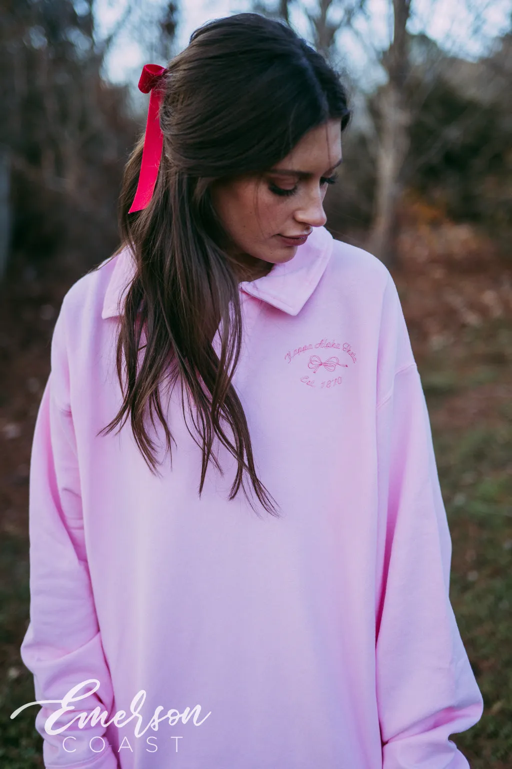 Theta Pink Bow Oversized Collared Crew