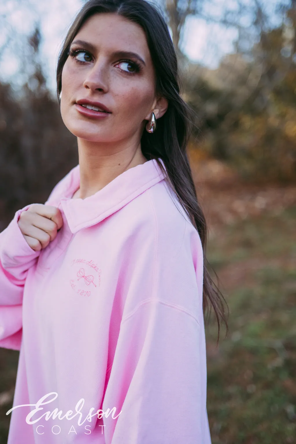 Theta Pink Bow Oversized Collared Crew