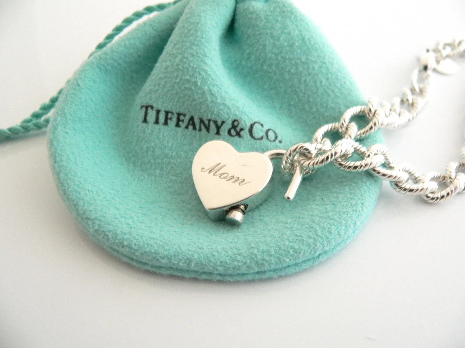 Tiffany & Co Silver MOM Heart Padlock Charm Bracelet Gift Love Textured Link