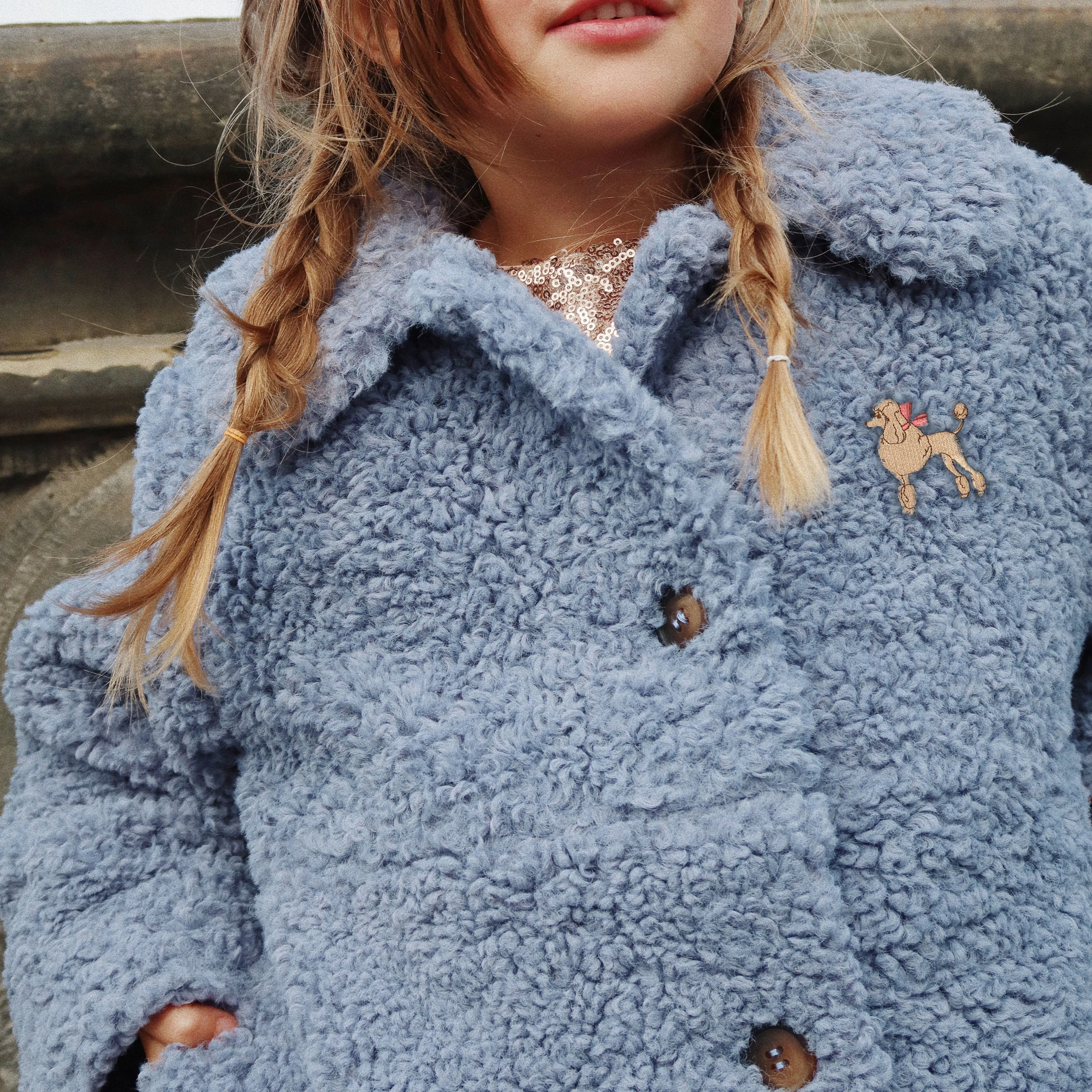 Tillie Poodle Embroidered Faux Fur Collared Coat