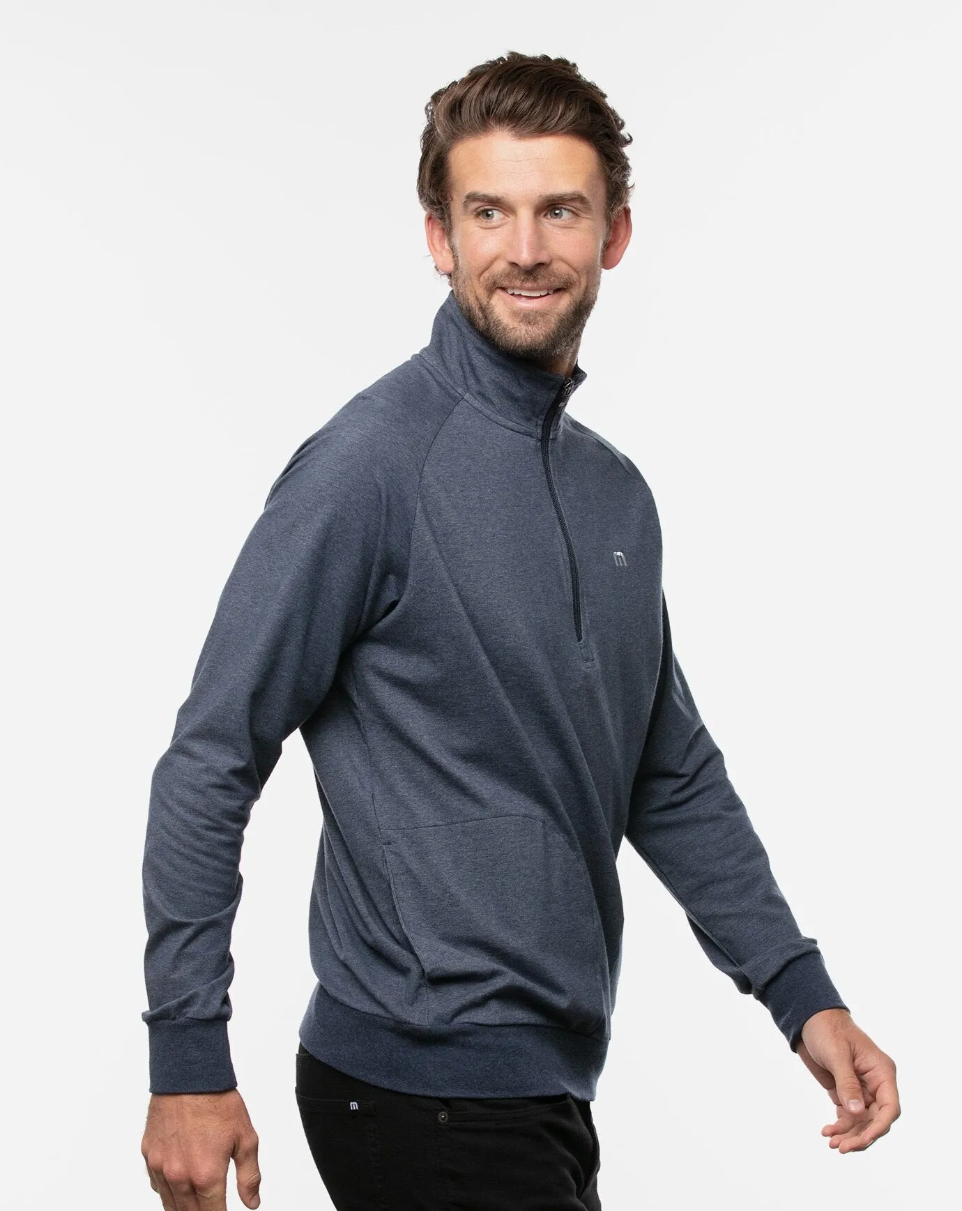 TRAVIS MATHEW MEN'S ZACKARY 1/4 ZIP PULLOVER - HEATHER BLUE NIGHTS