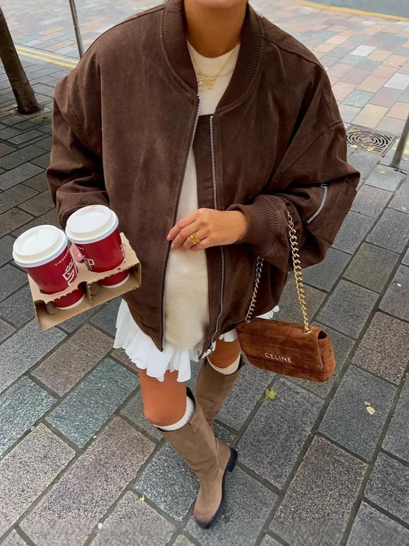 Trendy Oversized Brown Suede Bomber Jacket for Women