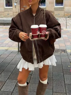 Trendy Oversized Brown Suede Bomber Jacket for Women