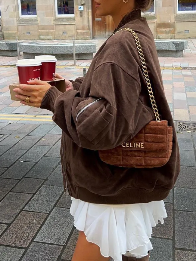Trendy Oversized Brown Suede Bomber Jacket for Women