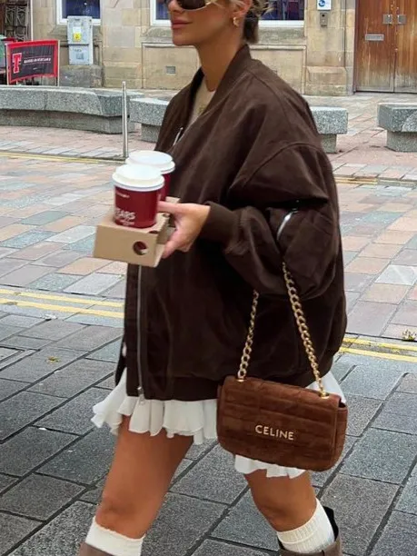 Trendy Oversized Brown Suede Bomber Jacket for Women