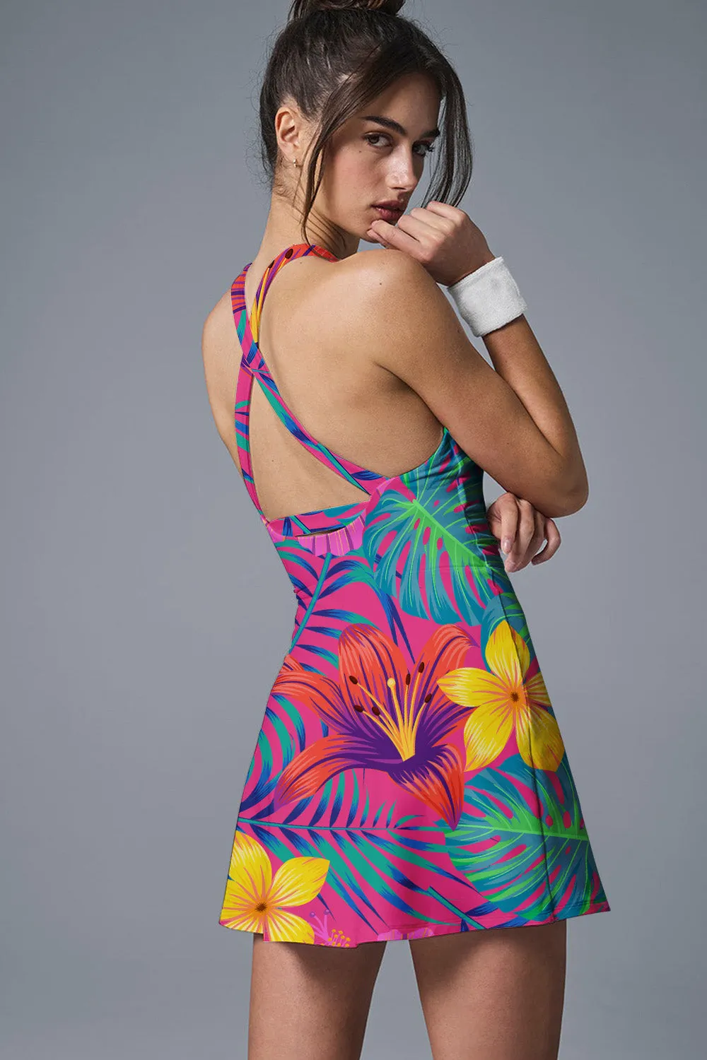 Tropical Sunset Bloom Dress – Neon Floral Activewear Set