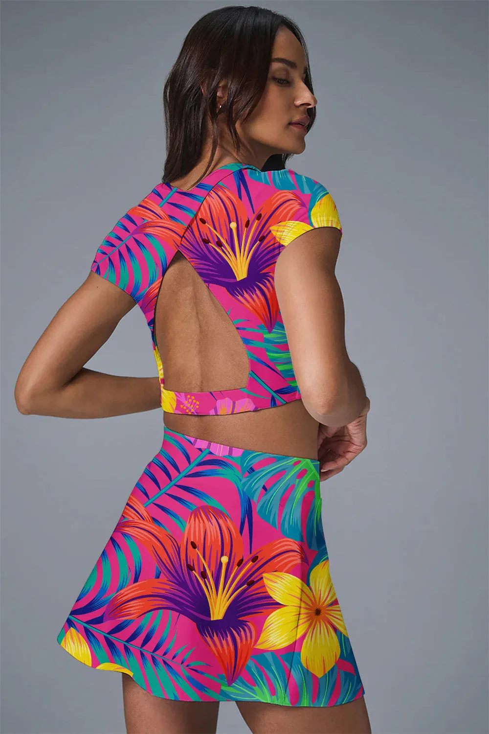 Tropical Sunset Bloom Dress – Neon Floral Activewear Set