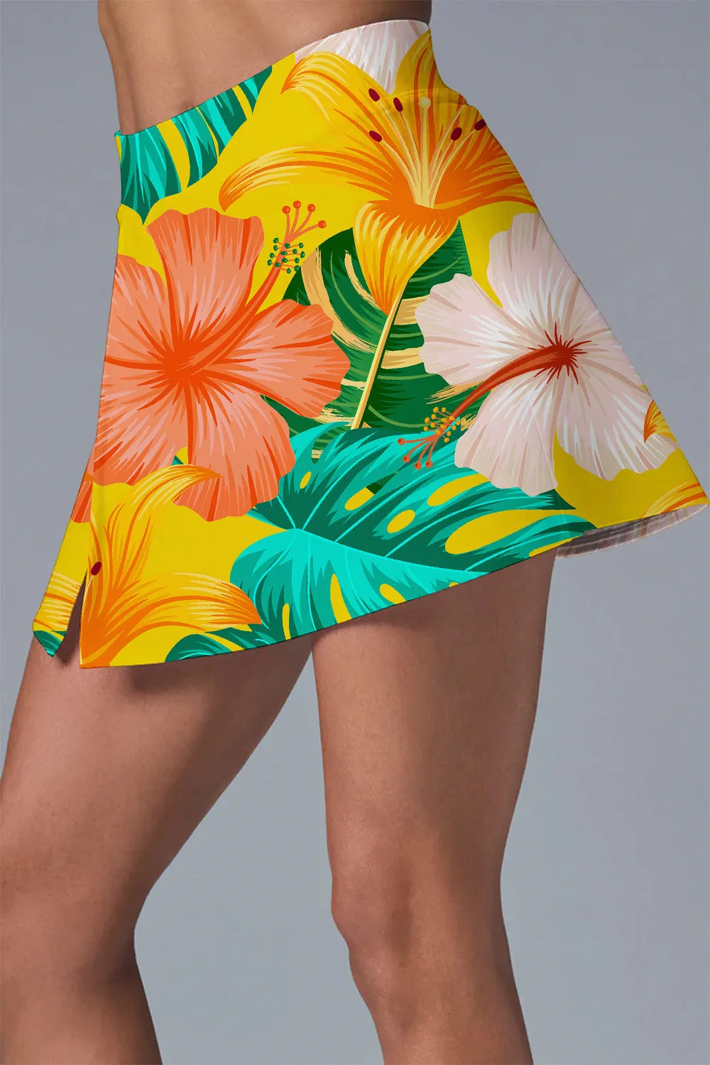 TropiGlow Scallop Tennis Dress – Yellow Lily & Hibiscus Print