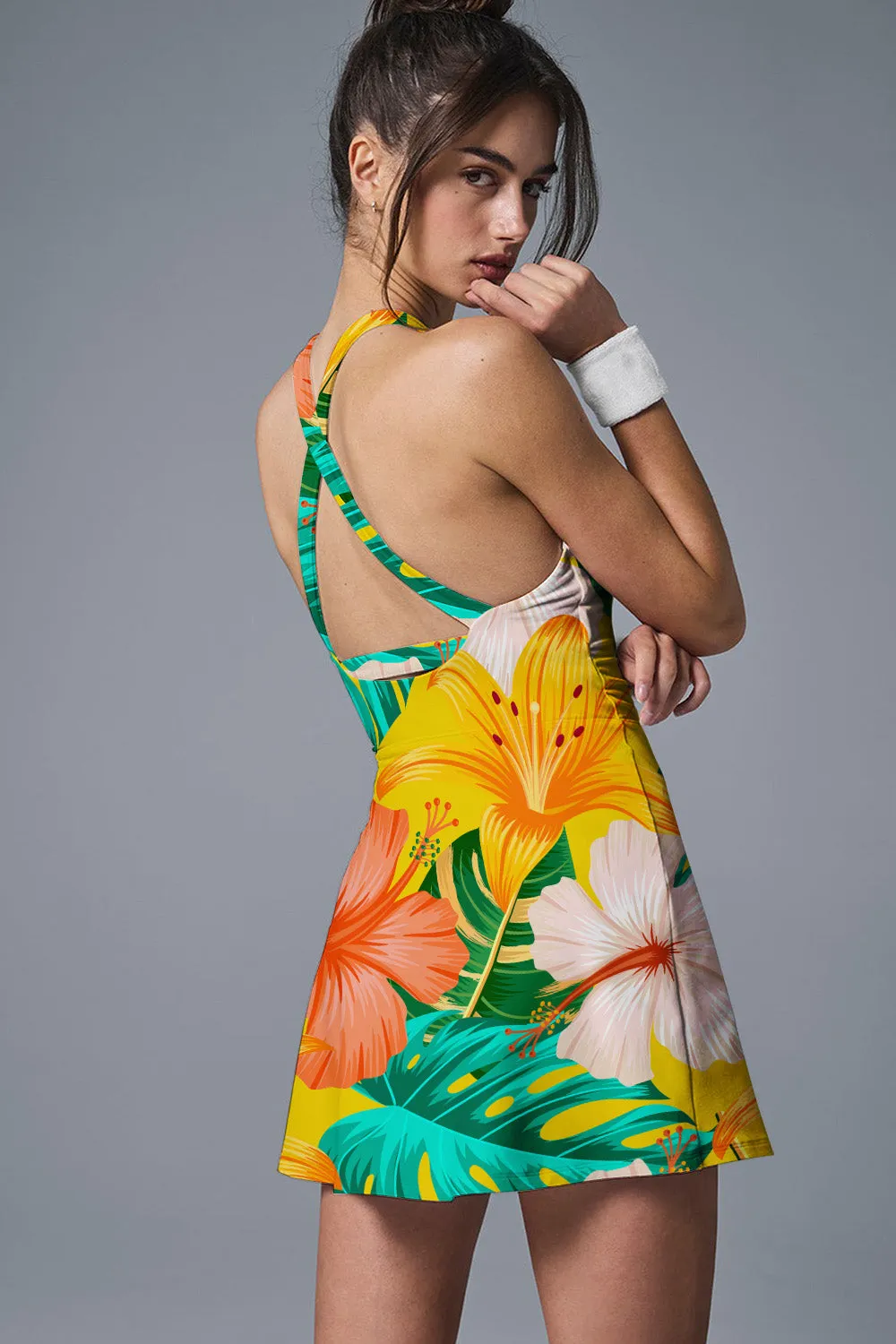 TropiGlow Scallop Tennis Dress – Yellow Lily & Hibiscus Print