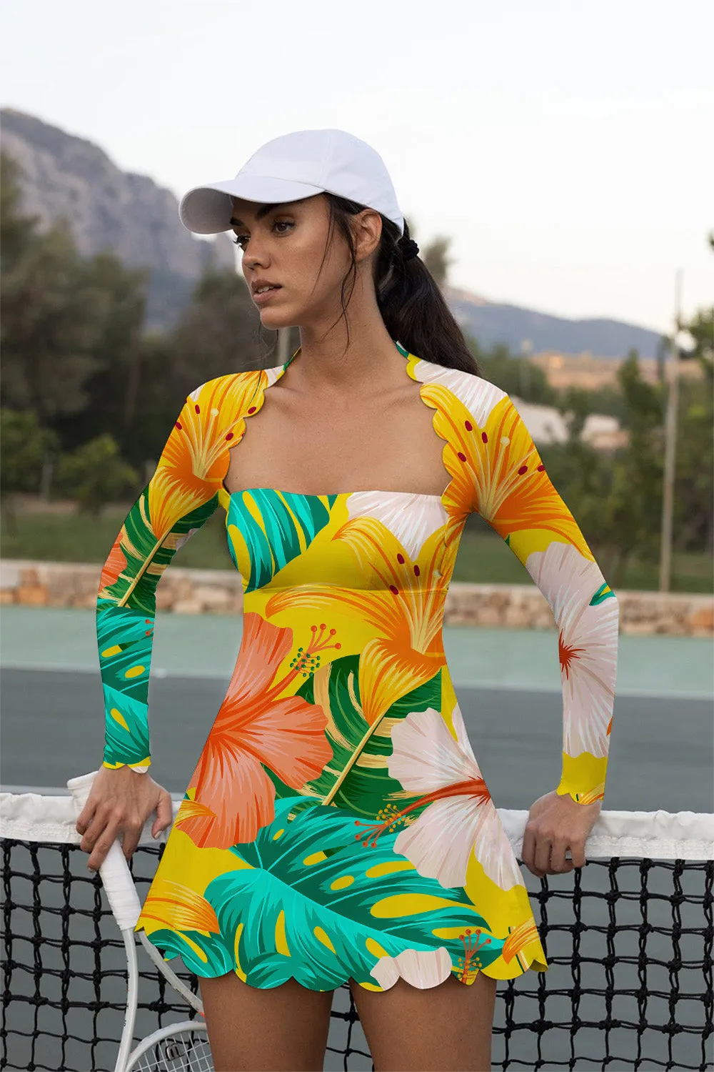 TropiGlow Scallop Tennis Dress – Yellow Lily & Hibiscus Print