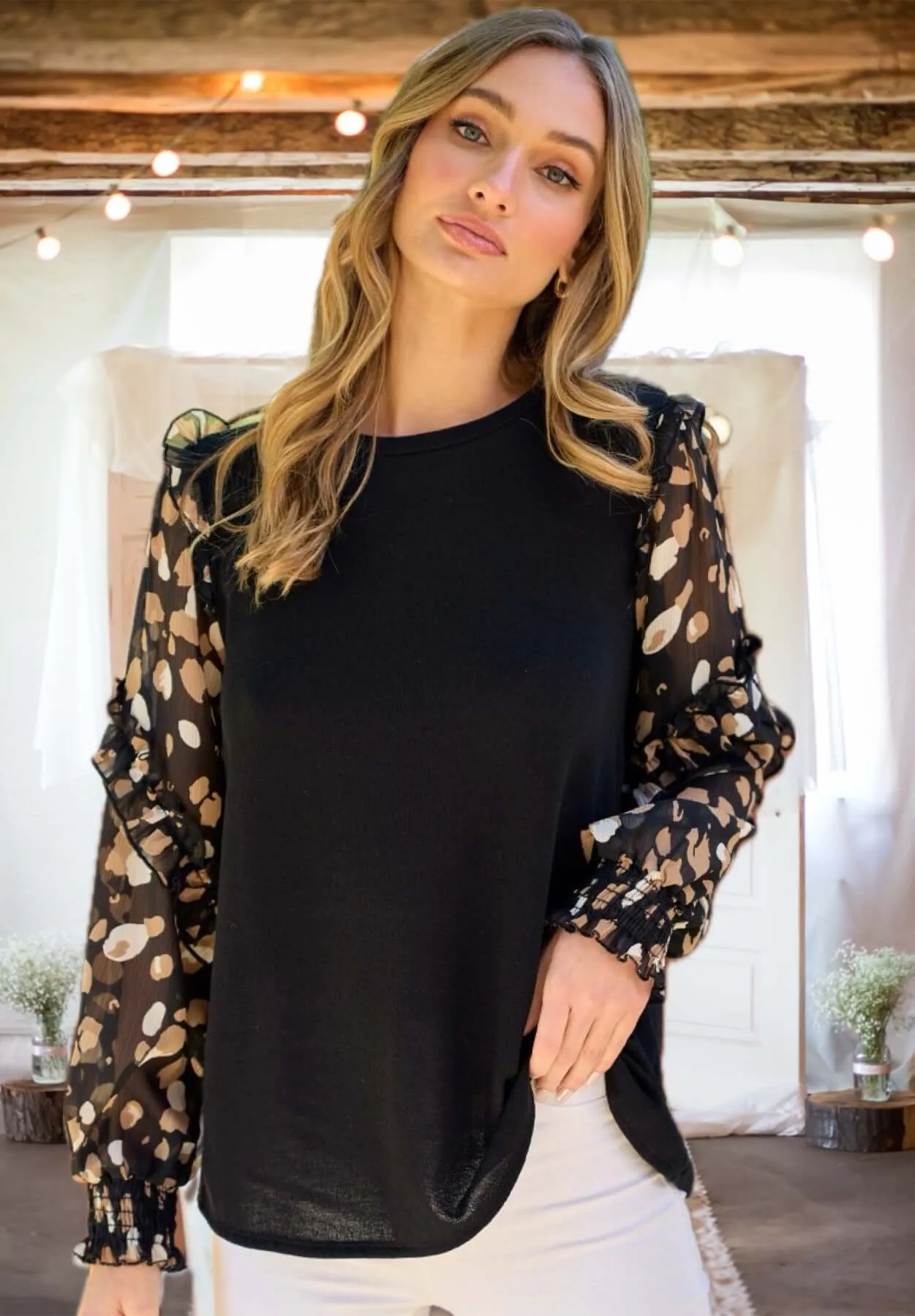 True To Yourself Sheer Sleeve Top in Black - Curvy