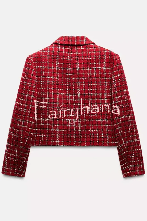 Tweed Plaid Textured Long-sleeved Casual Pocket Jacket