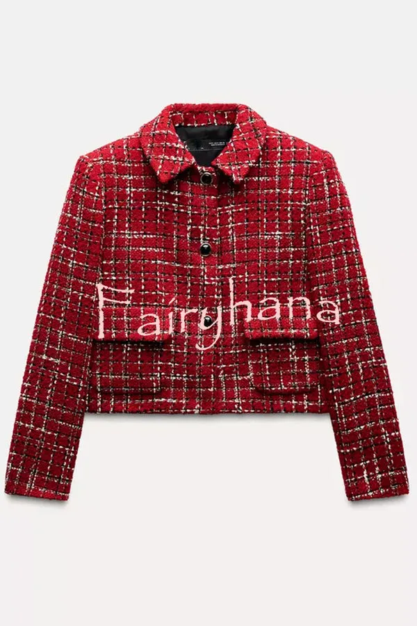 Tweed Plaid Textured Long-sleeved Casual Pocket Jacket